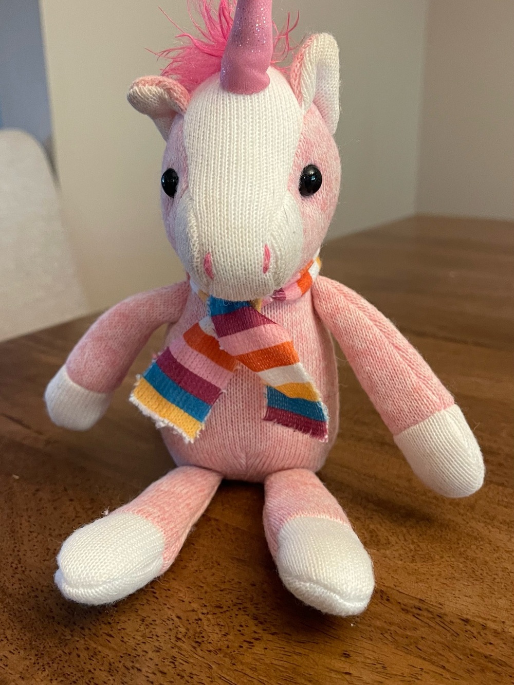 Pink Unicorn Plush with Rainbow Scarf - Soft Knit Stuffed Animal